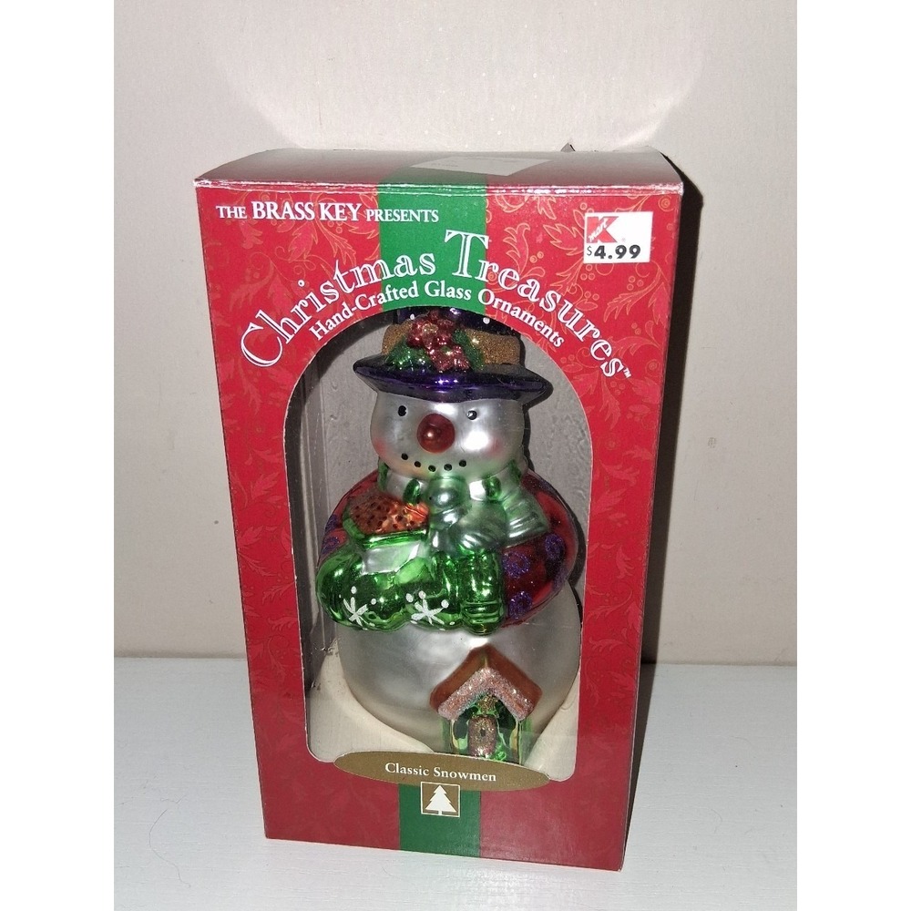 Brass Key Christmas Treasures Classic Snowman Feeding the Birds Glass Ornament N